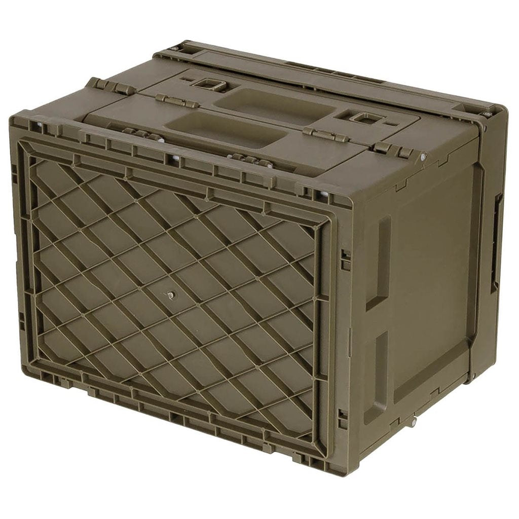 Caja plegable negra 20 L de polipropileno con tapa abatible, entrada frontal bloqueable y diseño apilable