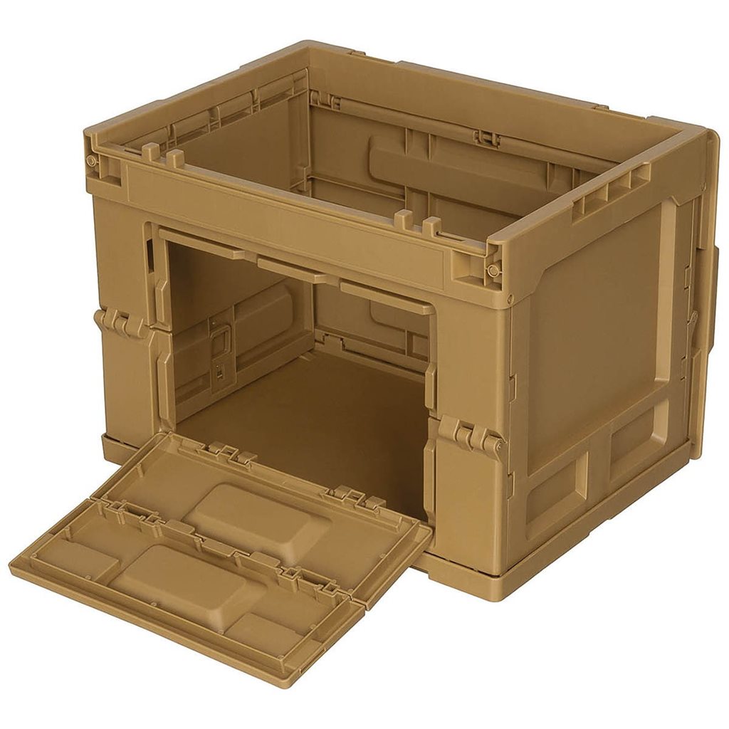 Caja plegable negra 20 L de polipropileno con tapa abatible, entrada frontal bloqueable y diseño apilable