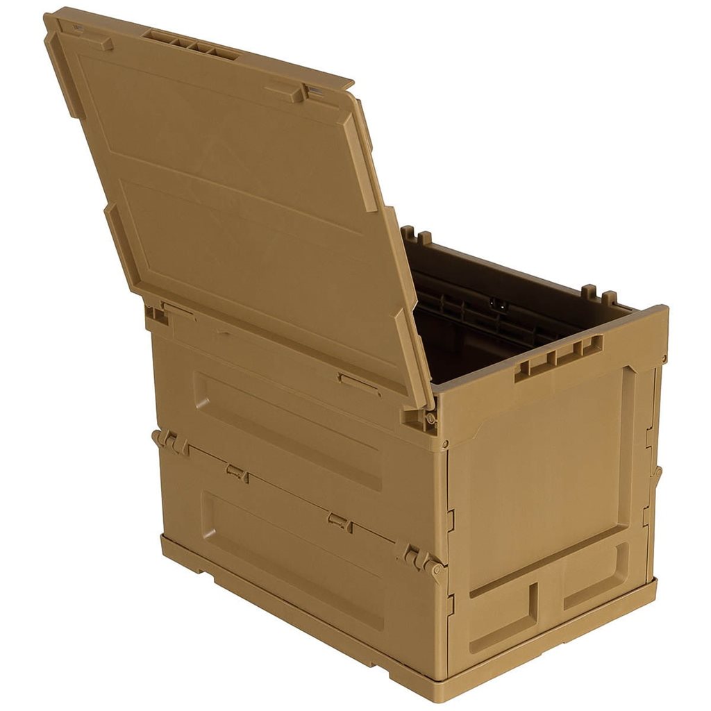 Caja plegable negra 20 L de polipropileno con tapa abatible, entrada frontal bloqueable y diseño apilable
