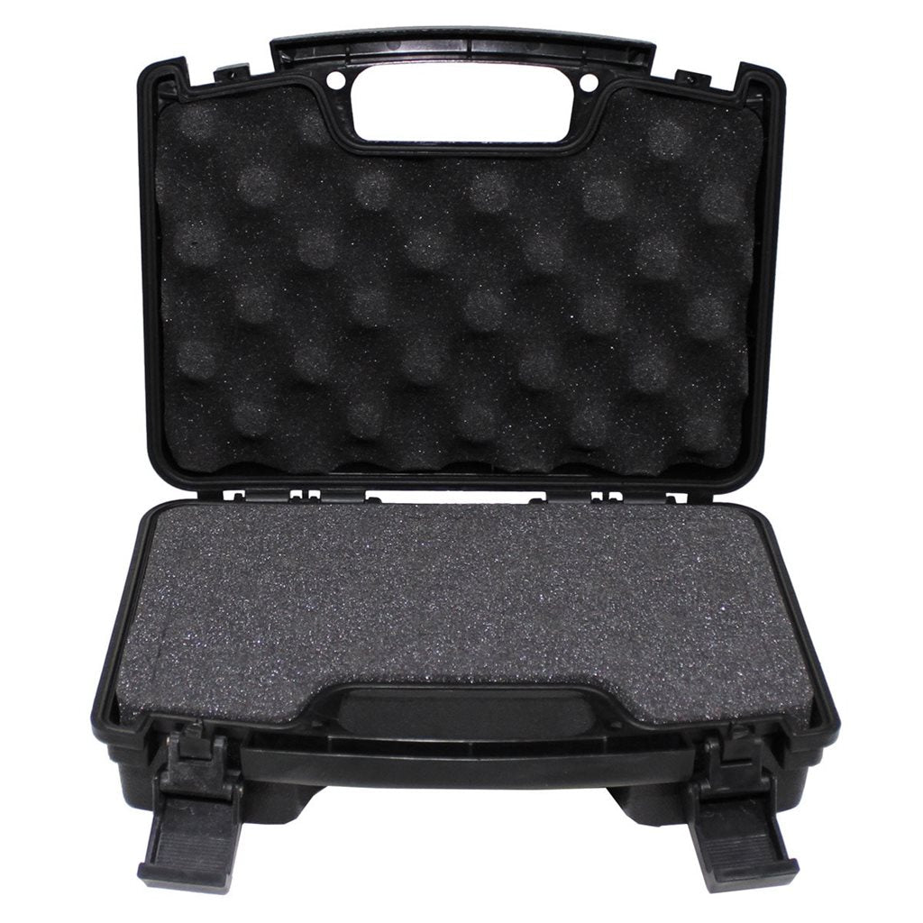 Estuche plástico negro para pistola con inserto de espuma y cierre para dos candados (no incluidos)