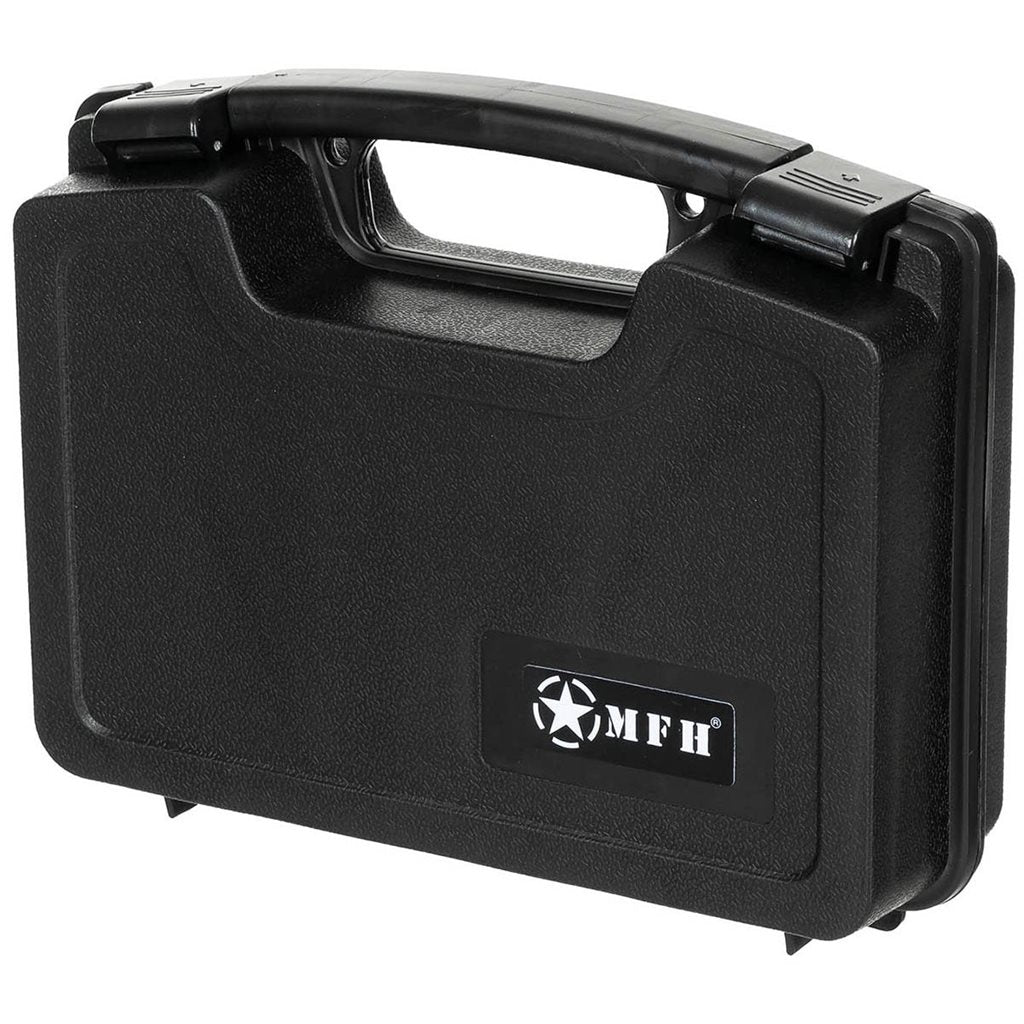 Estuche plástico negro para pistola con inserto de espuma y cierre para dos candados (no incluidos)
