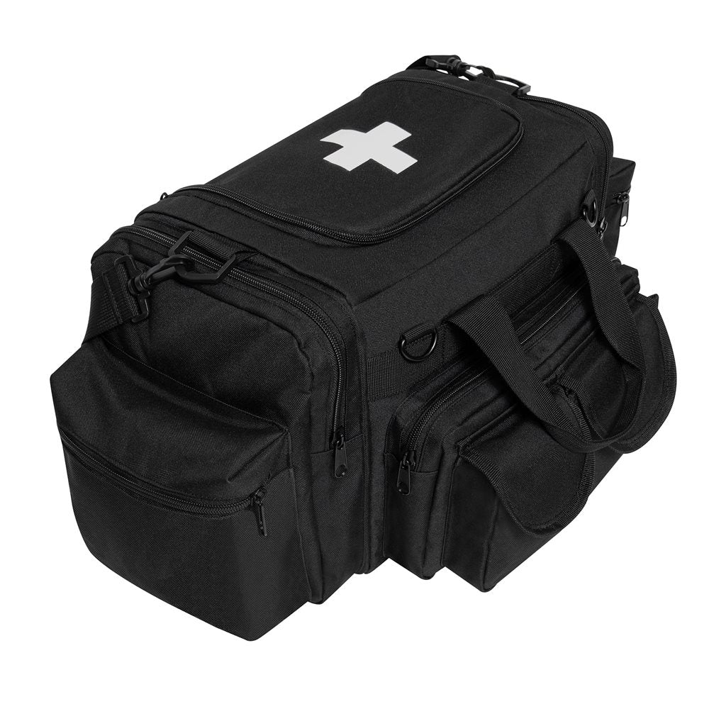 Bolsa EMT negra con cruz blanca en el bolsillo superior para sanitarios y rescatadores