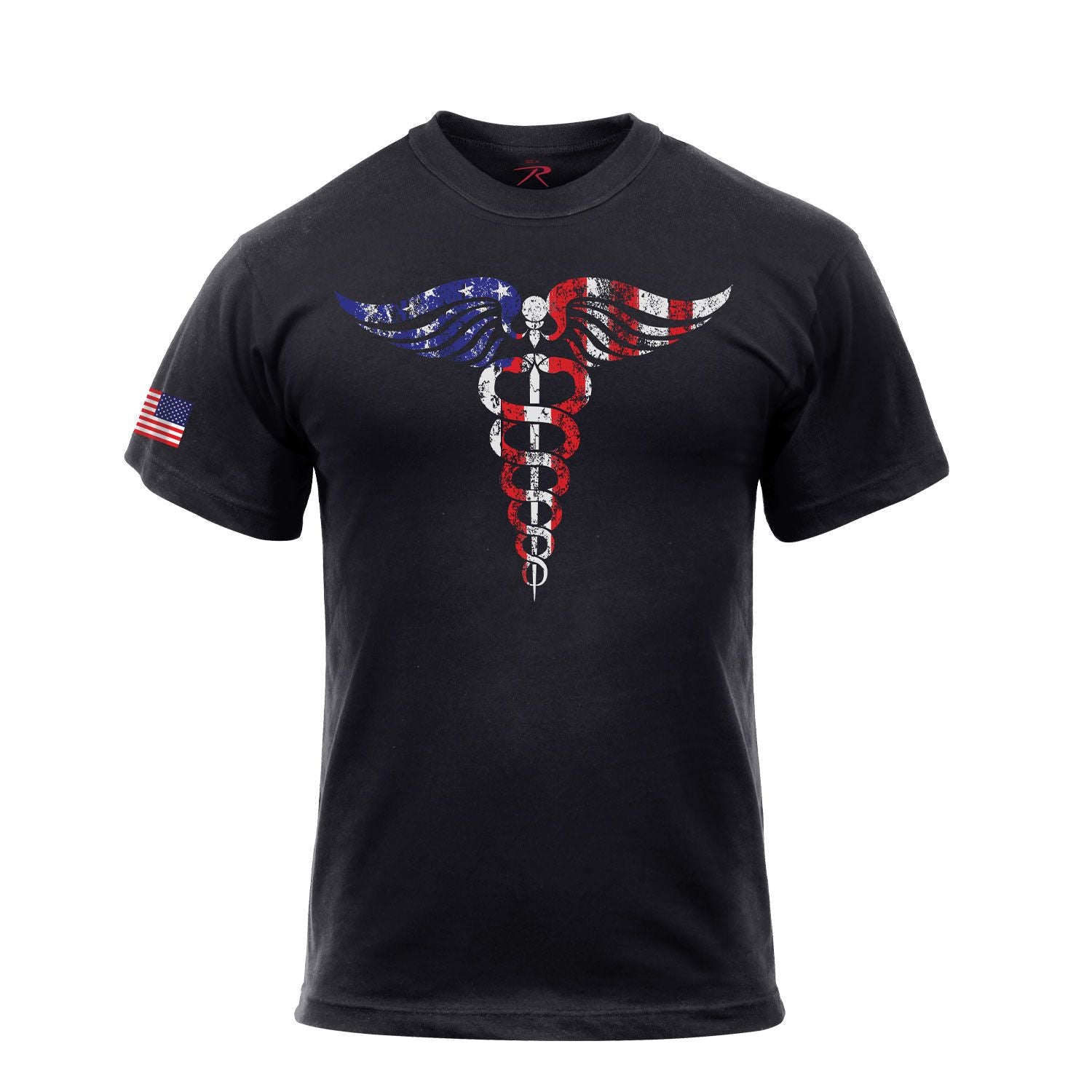 Camiseta negra Caduceo Médico con emblema en colores de la bandera de EE. UU.