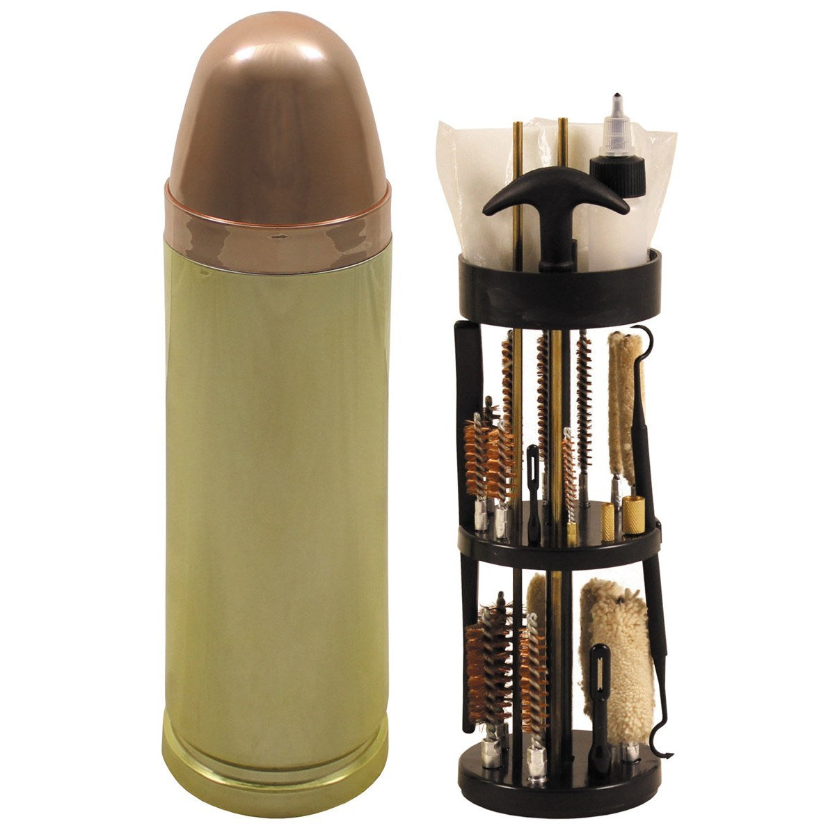 Kit de limpieza de armas BULLET en estuche con forma de cartucho, incluye cepillos, paños, adaptadores y bote de aceite