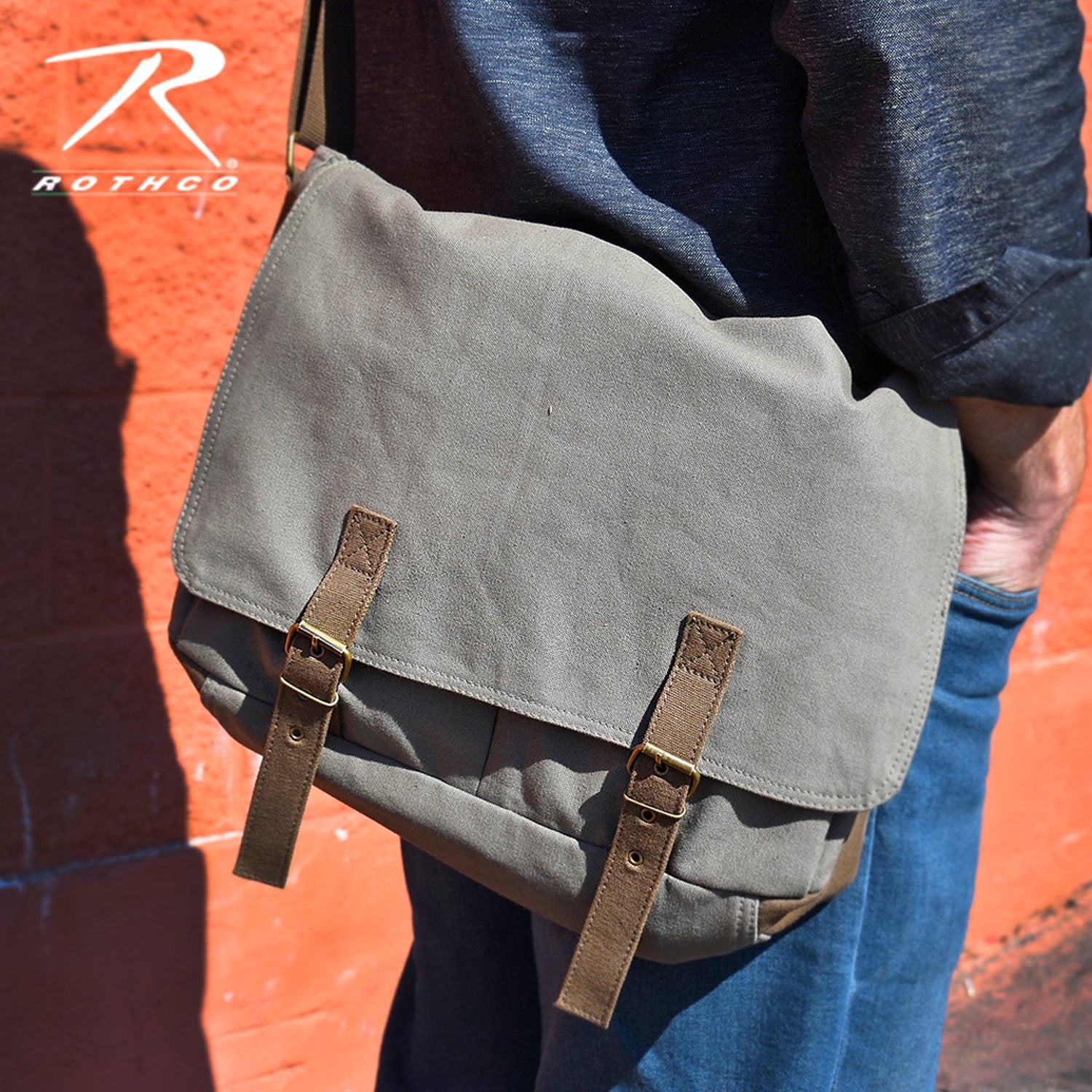 Bolsa messenger deluxe vintage de lona verde con correa ajustable y bolsillos
