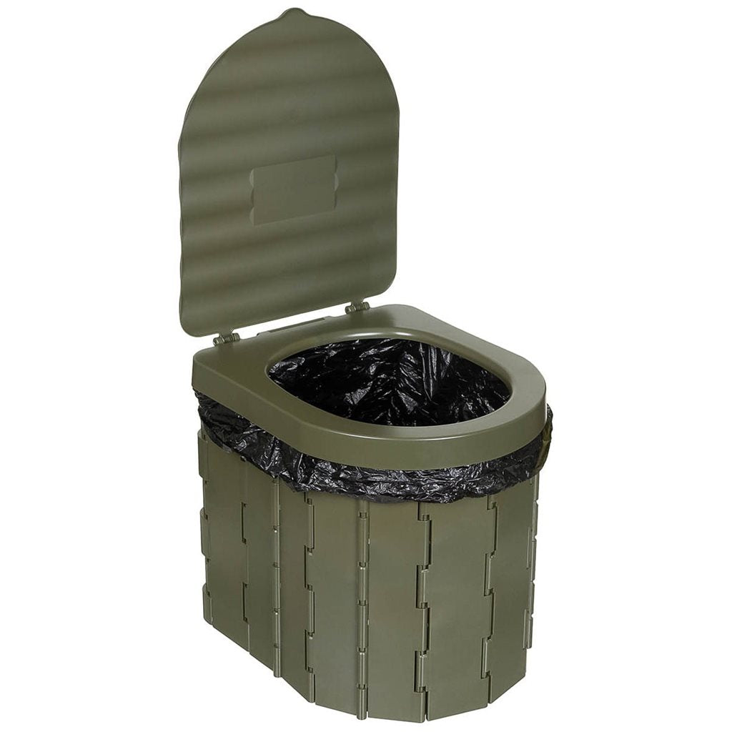 Inodoro portátil plegable verde con bolsa de transporte e 12 bolsas de desechos (25 l)