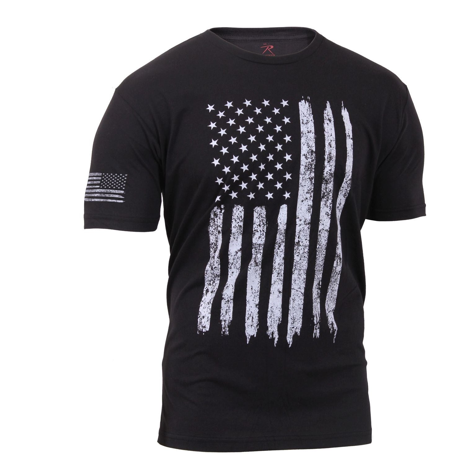 Camiseta negra DITREED con gran estampado de la bandera de EE. UU. en el pecho y pequeña bandera en la manga derecha