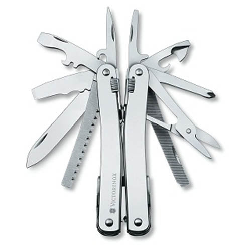 Alicates multifunción SwissTool Spirit X plateados con funda de cuero marrón