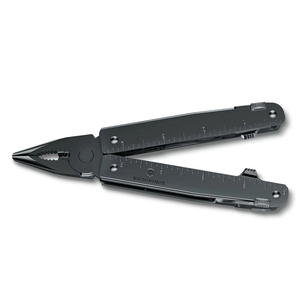 Alicates multifunción SwissTool MXBS en negro, herramienta compacta inspirada en la navaja suiza