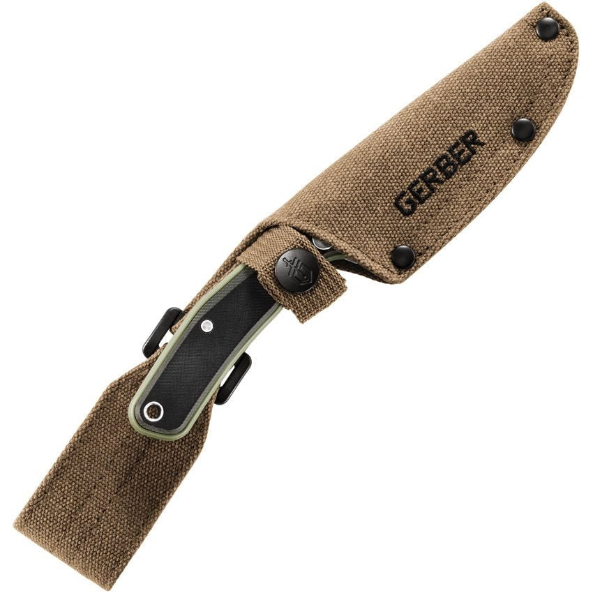 Cuchillo DOWNWIND CAPER verde, hoja fija de acero inoxidable con acabado satinado y filo liso