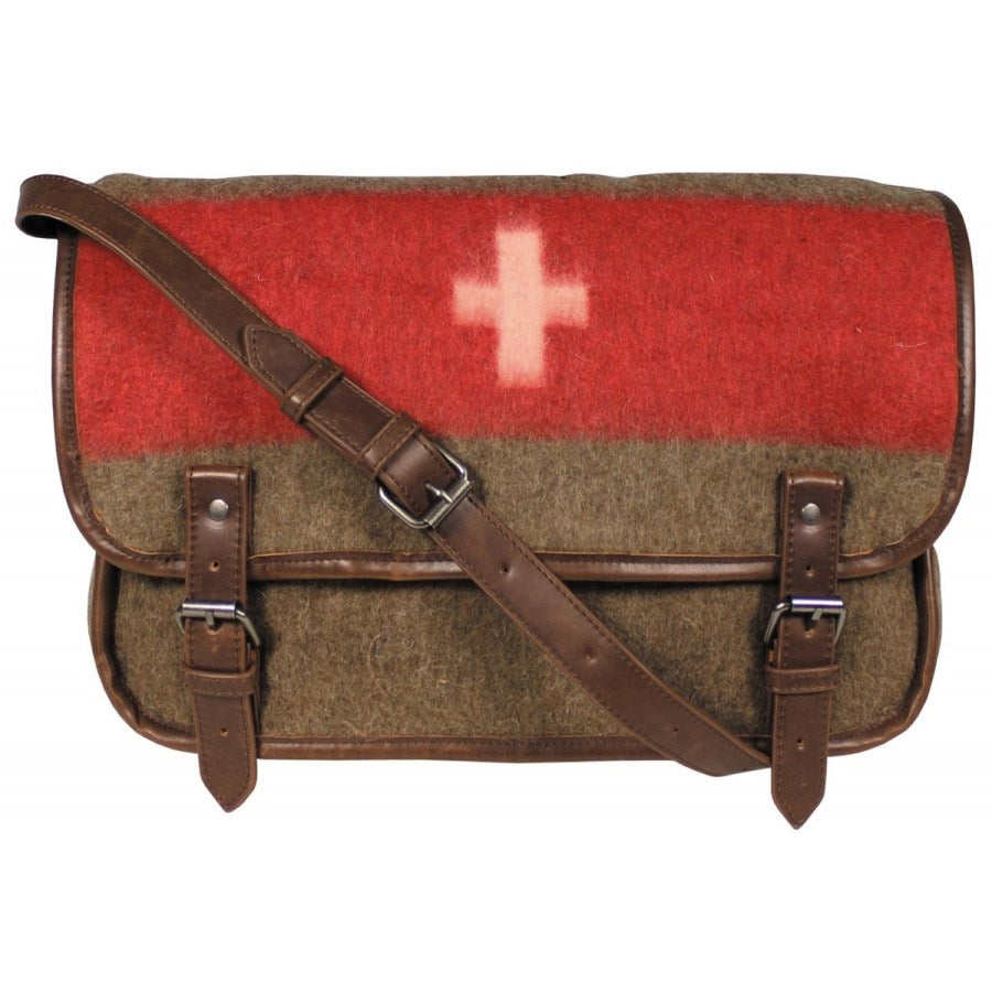 Bolso bandolera suizo vintage en tela tipo manta (70% lana, 30% poliéster) con accesorios de piel sintética, 40×30×10 cm