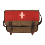 Bolso bandolera suizo vintage en tela tipo manta (70% lana, 30% poliéster) con accesorios de piel sintética, 40×30×10 cm