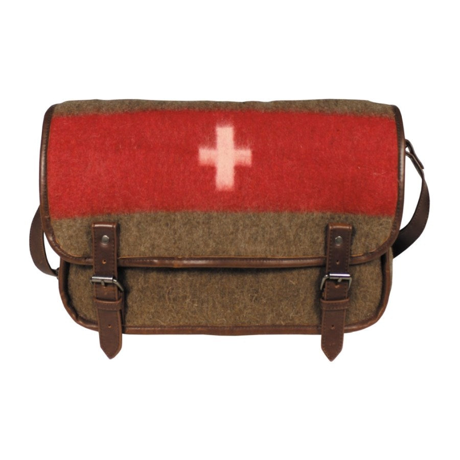 Bolso bandolera suizo vintage en tela tipo manta (70% lana, 30% poliéster) con accesorios de piel sintética, 40×30×10 cm