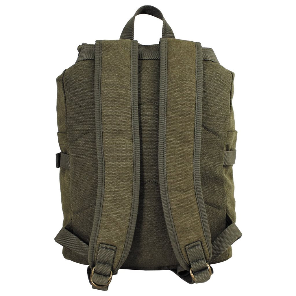 Mochila de lona PT verde con detalles de latón y cuero