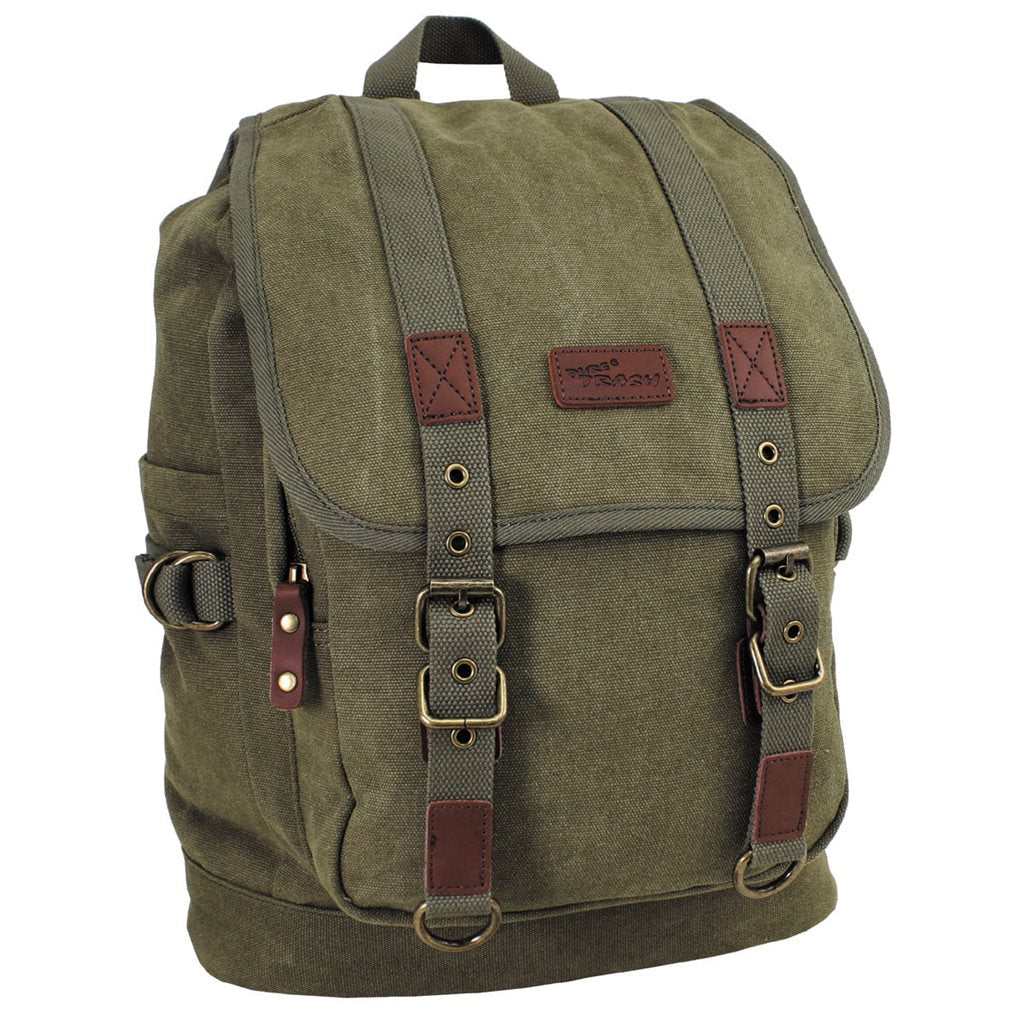 Mochila de lona PT verde con detalles de latón y cuero