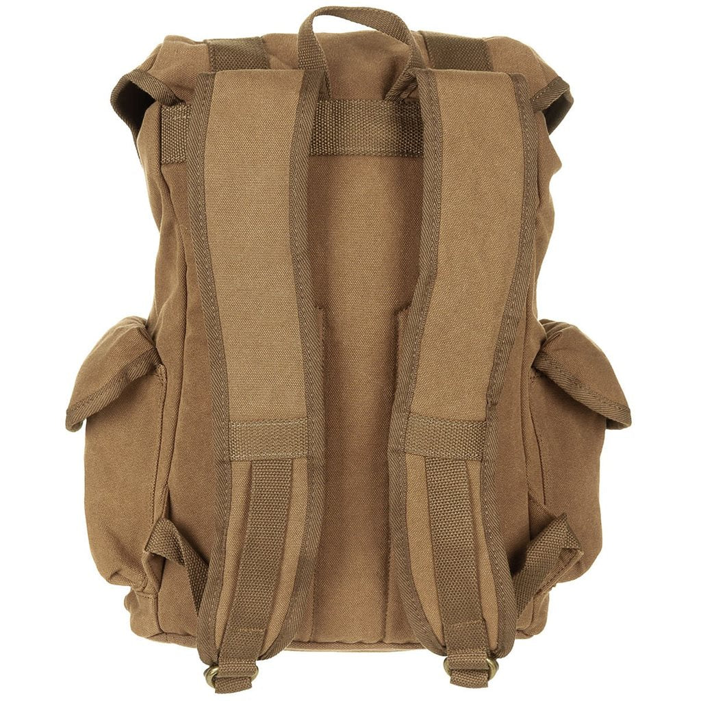 Mochila de lona PT marrón con herrajes de latón y detalles de cuero