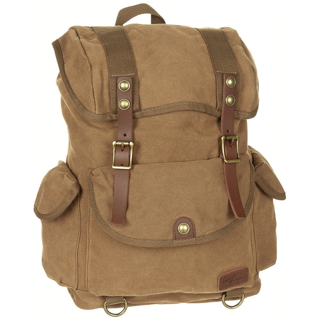 Mochila de lona PT marrón con herrajes de latón y detalles de cuero