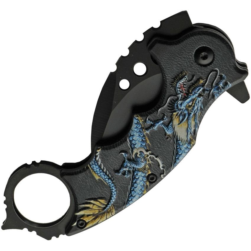 Navaja karambit plegable DRAGON azul con dragón en empuñadura y hoja negra