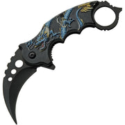 Navaja karambit plegable DRAGON azul con dragón en empuñadura y hoja negra