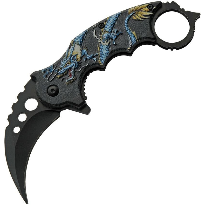 Navaja karambit plegable DRAGON azul con dragón en empuñadura y hoja negra