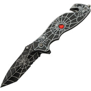 Navaja plegable SPIDER negra con diseño de arañas, clip de bolsillo y cortador