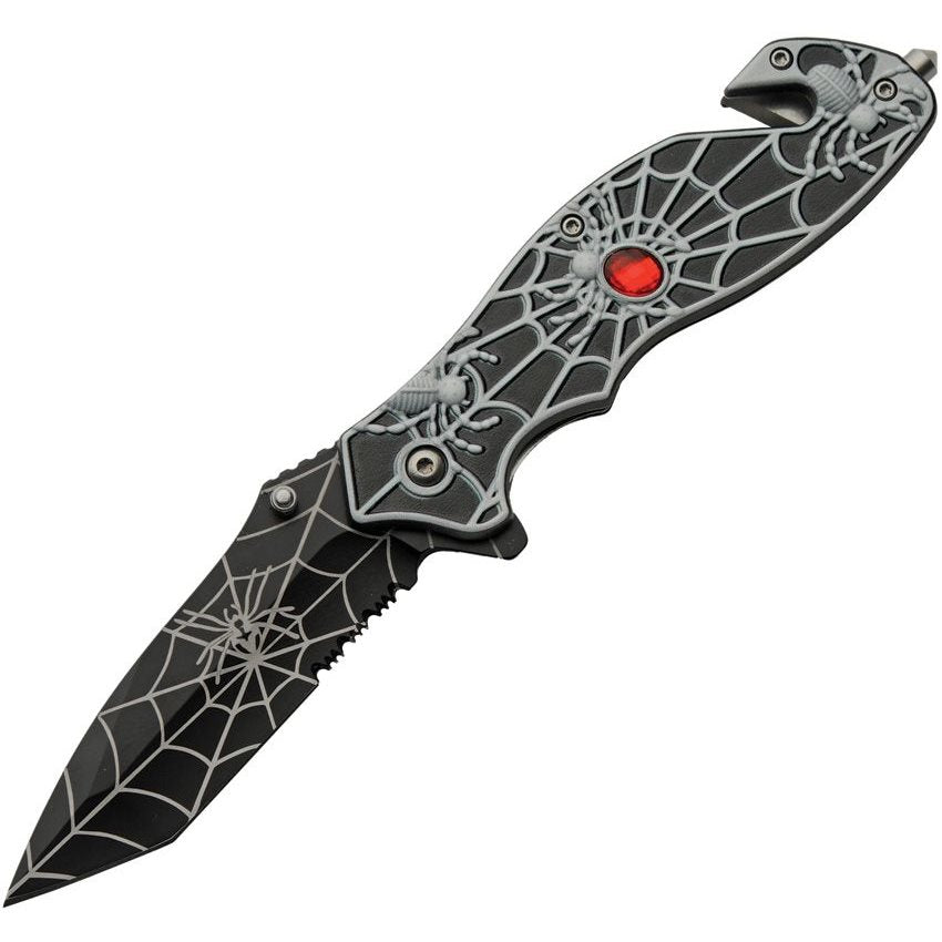 Navaja plegable SPIDER negra con diseño de arañas, clip de bolsillo y cortador