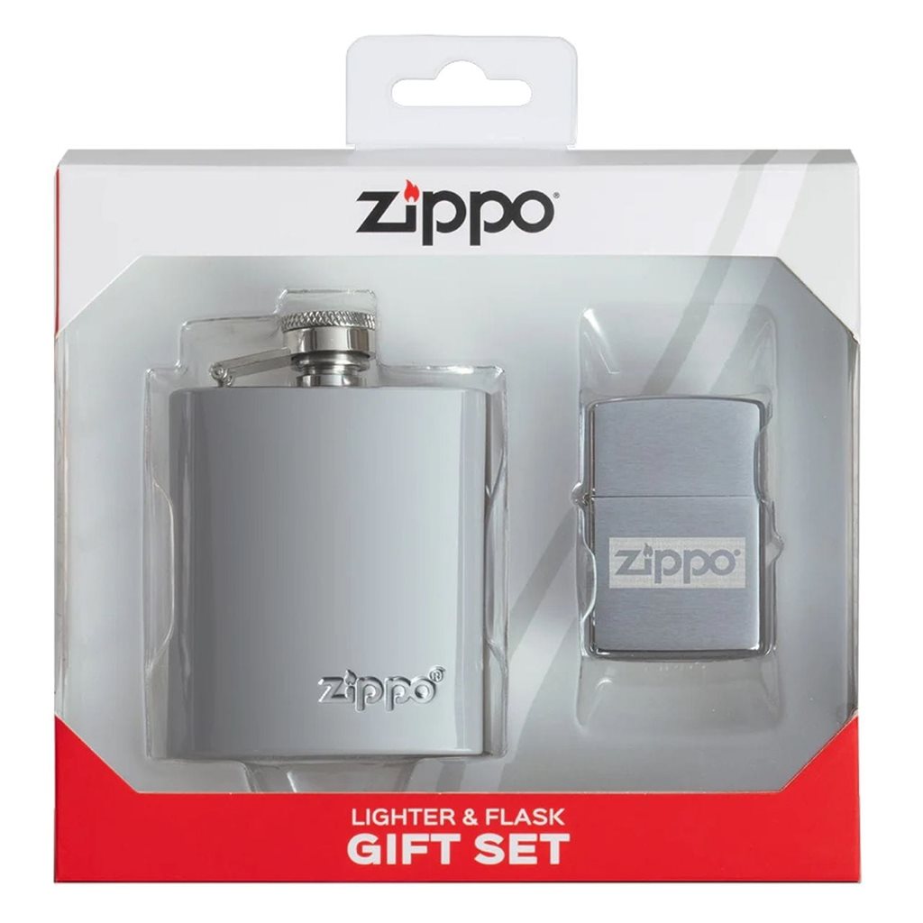 Encendedor Zippo cromo cepillado y petaca acero inoxidable pulido en estuche de regalo