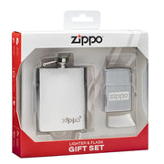 Encendedor Zippo cromo cepillado y petaca acero inoxidable pulido en estuche de regalo