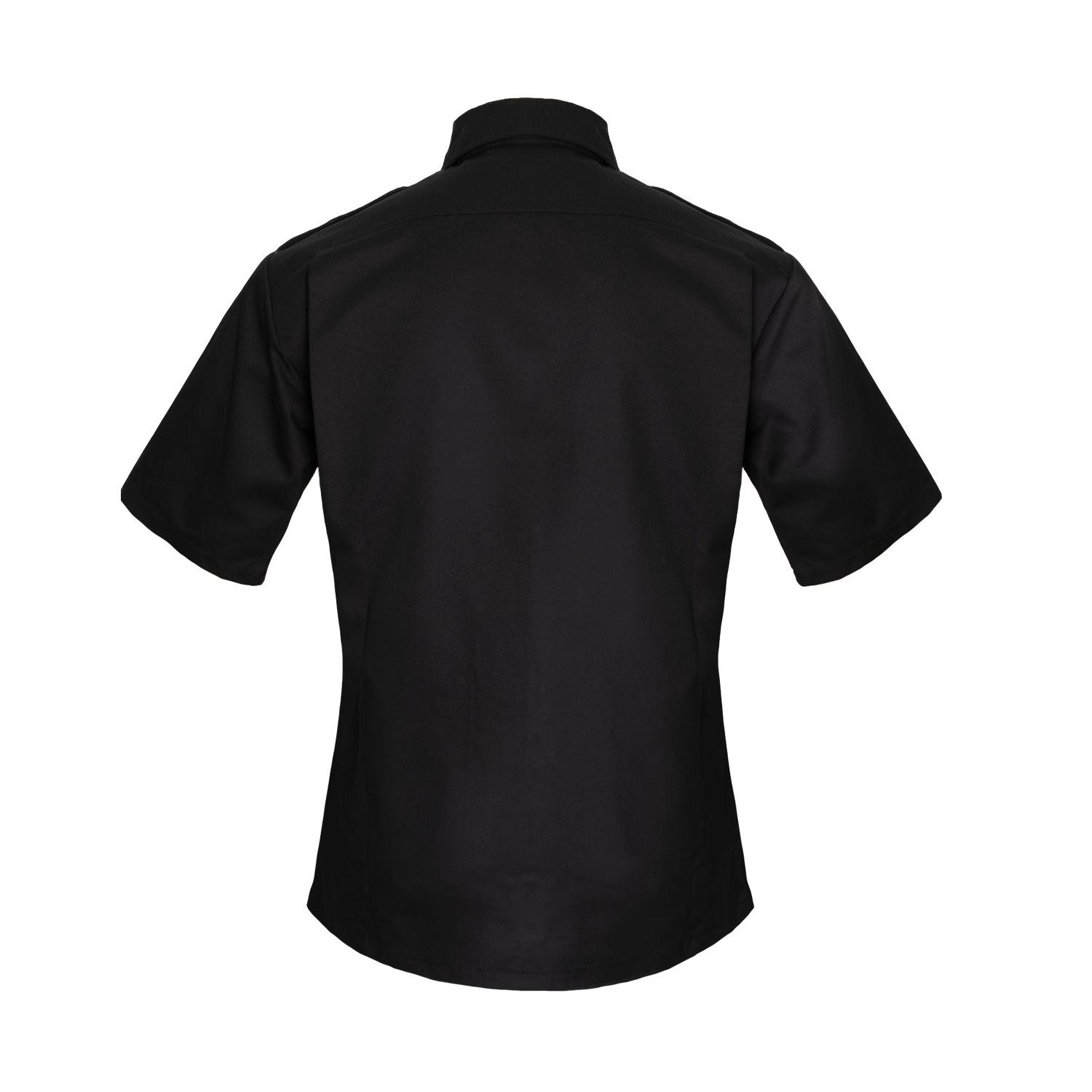 Camisa táctica negra manga corta, 2 bolsillos en pecho, hombreras, 65% poliéster 35% algodón