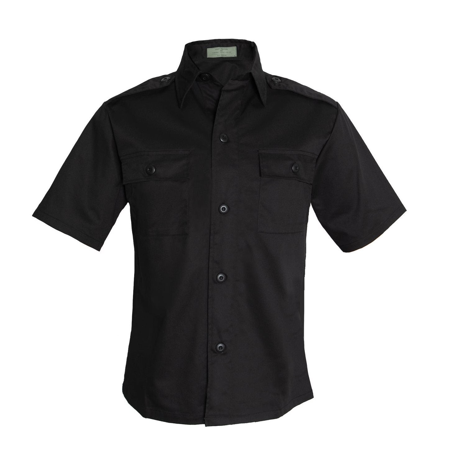 Camisa táctica negra manga corta, 2 bolsillos en pecho, hombreras, 65% poliéster 35% algodón