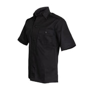 Camisa táctica negra manga corta, 2 bolsillos en pecho, hombreras, 65% poliéster 35% algodón