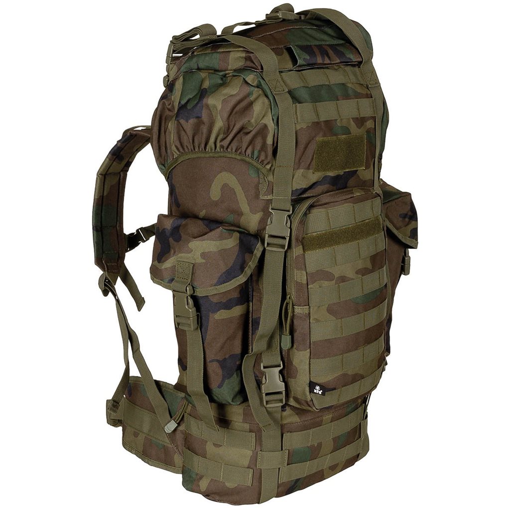 Mochila táctica MOLLE 65L negra, acolchada con armazón ALU