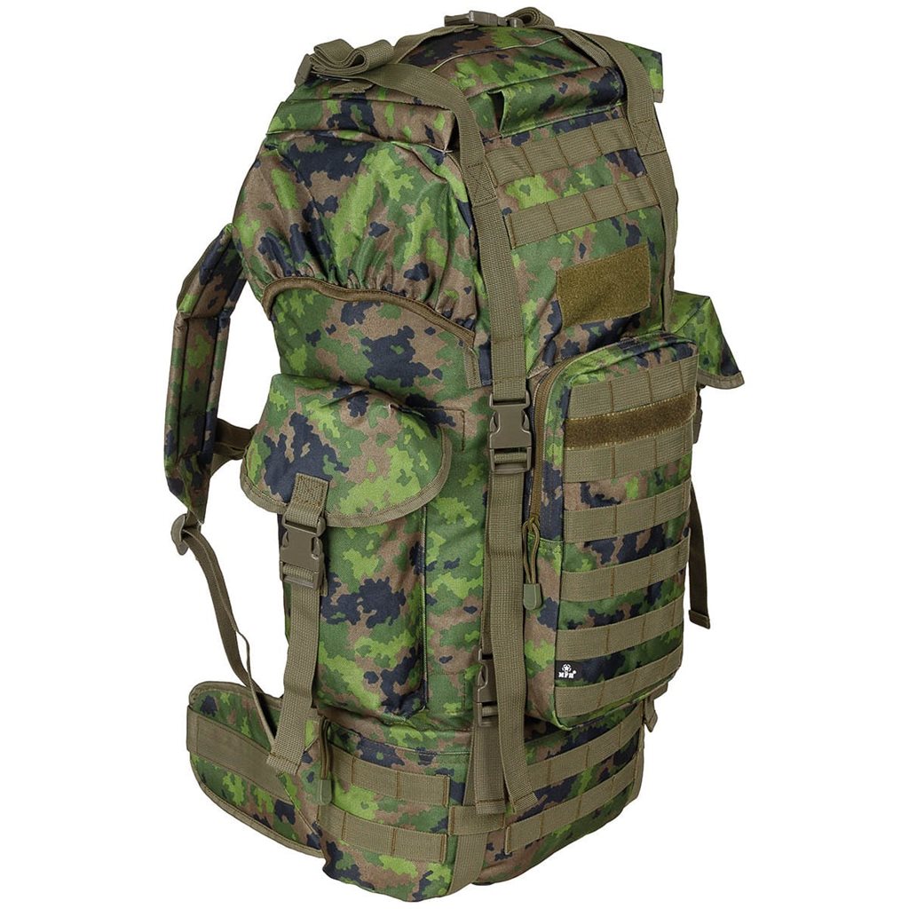 Mochila táctica MOLLE 65L negra, acolchada con armazón ALU