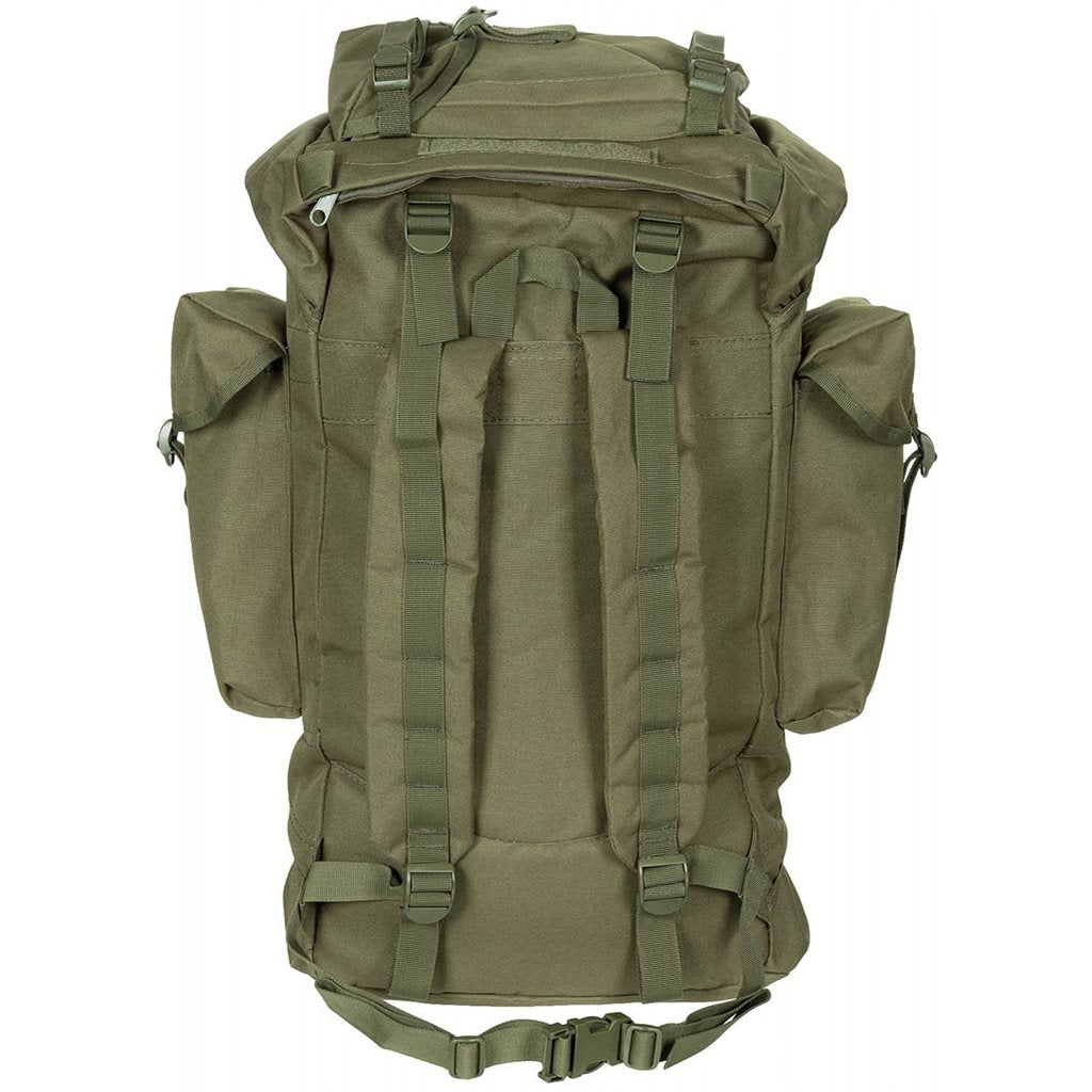 Mochila réplica de combate BW 65L verde con dos compartimentos y bolsillos laterales