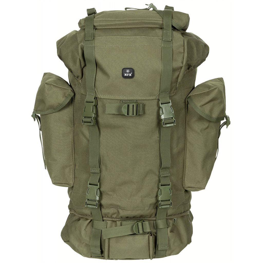 Mochila réplica de combate BW 65L verde con dos compartimentos y bolsillos laterales