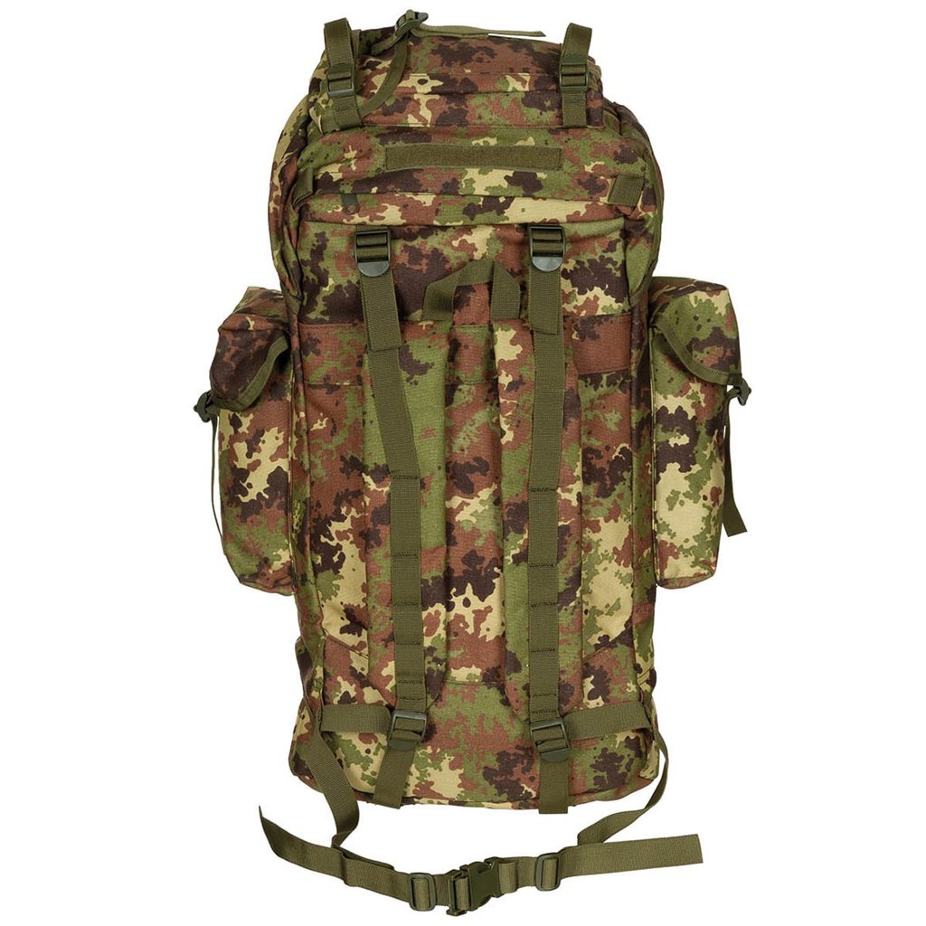 Mochila réplica de combate BW 65L verde con dos compartimentos y bolsillos laterales