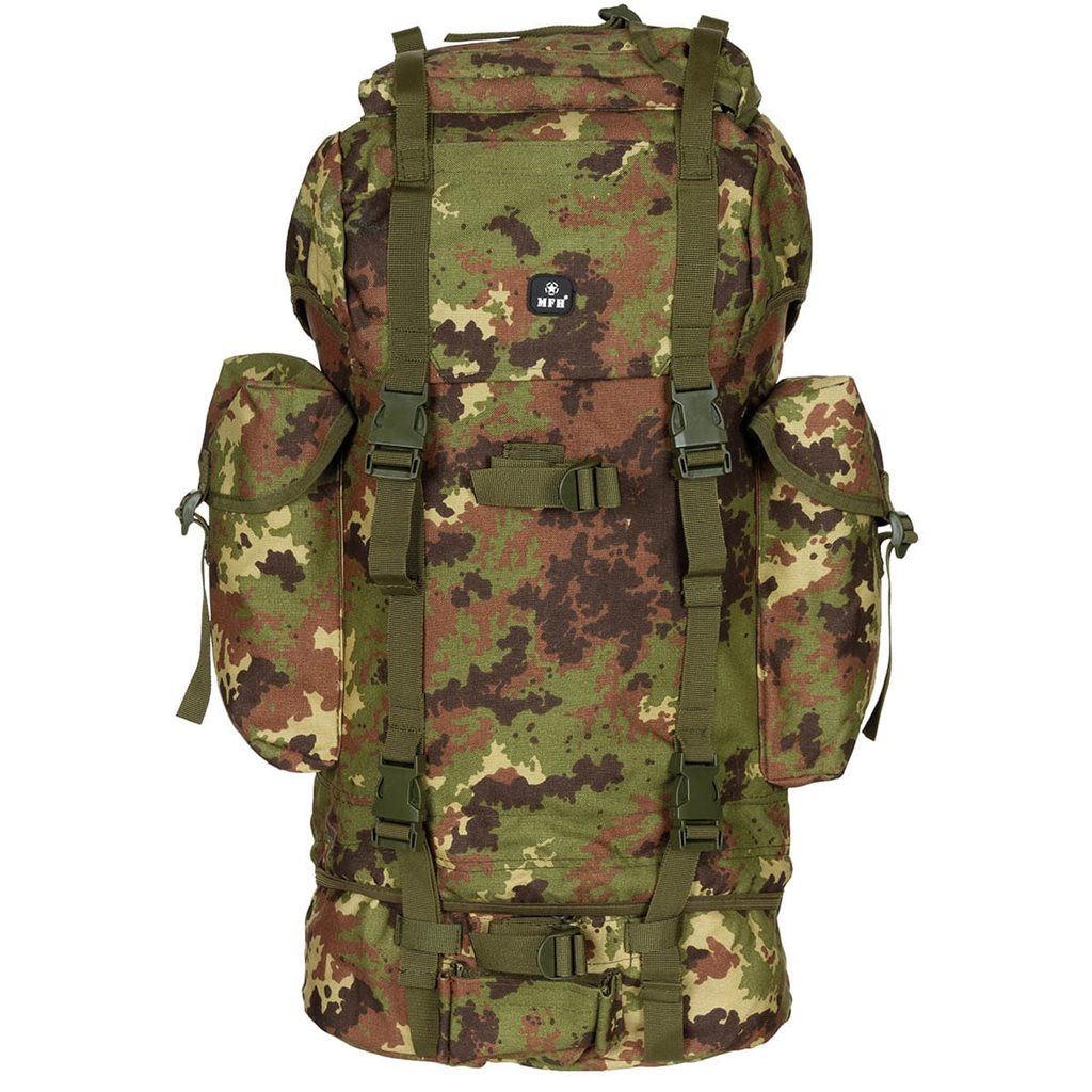 Mochila réplica de combate BW 65L verde con dos compartimentos y bolsillos laterales