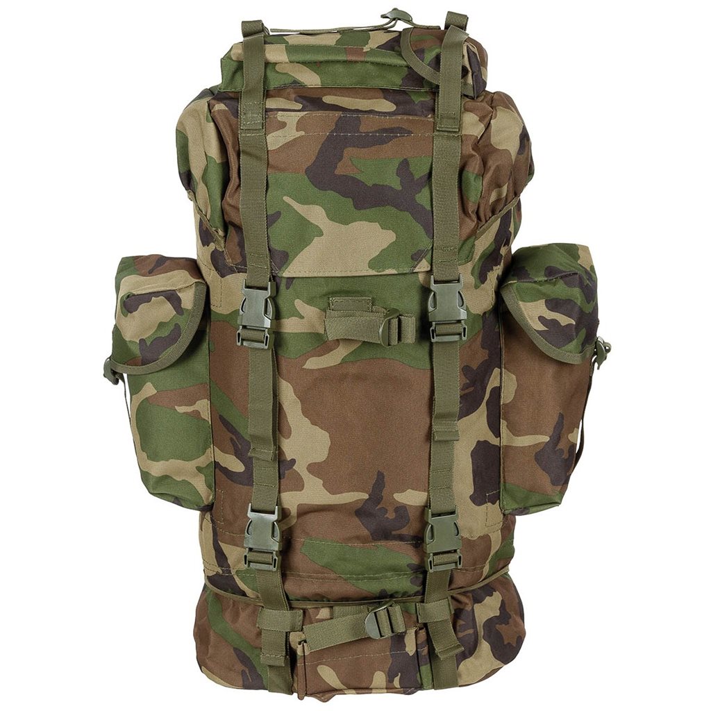 Mochila réplica de combate BW 65L verde con dos compartimentos y bolsillos laterales