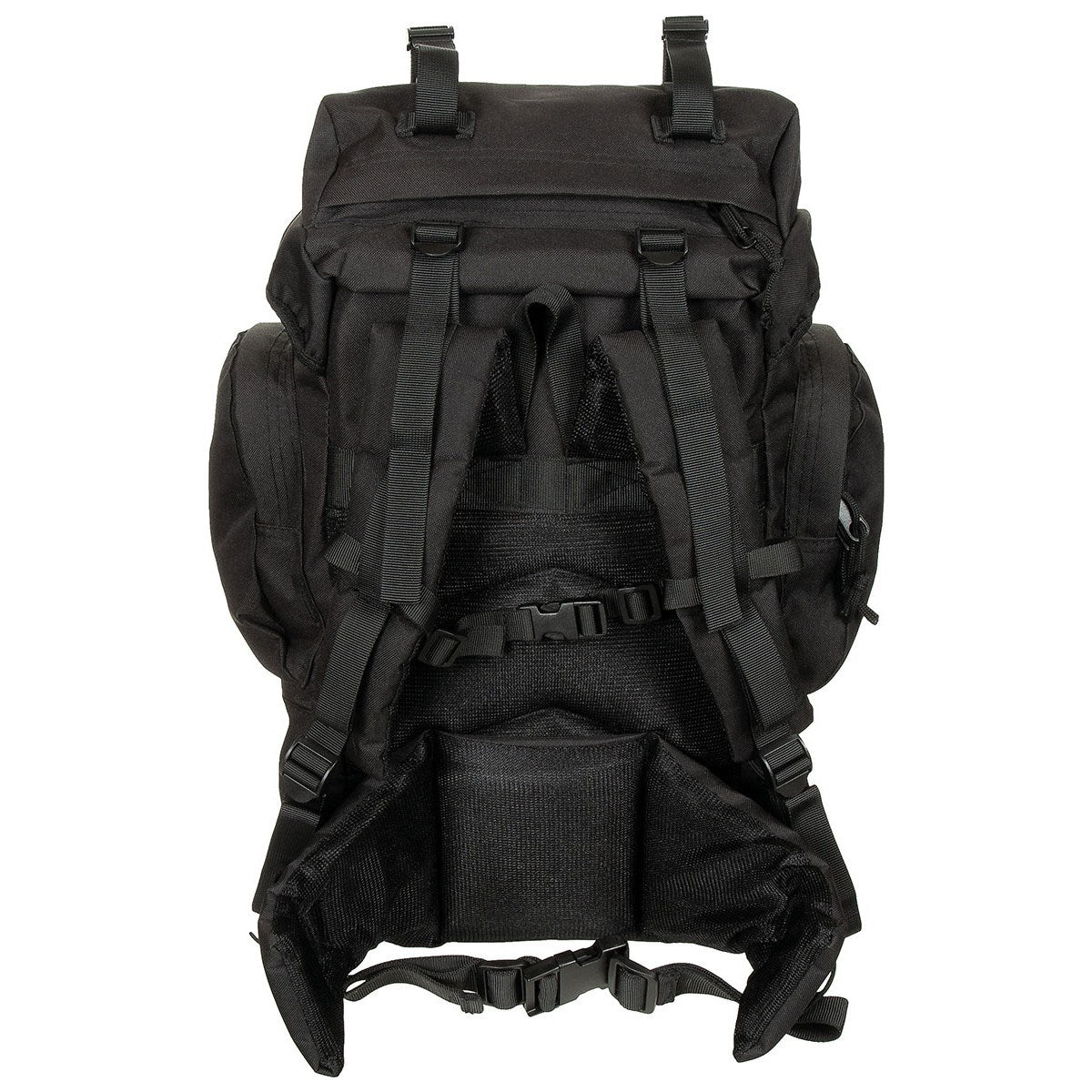 Mochila TACTICAL 55 L negra con acolchado en hombreras y bolsillos frontales y laterales