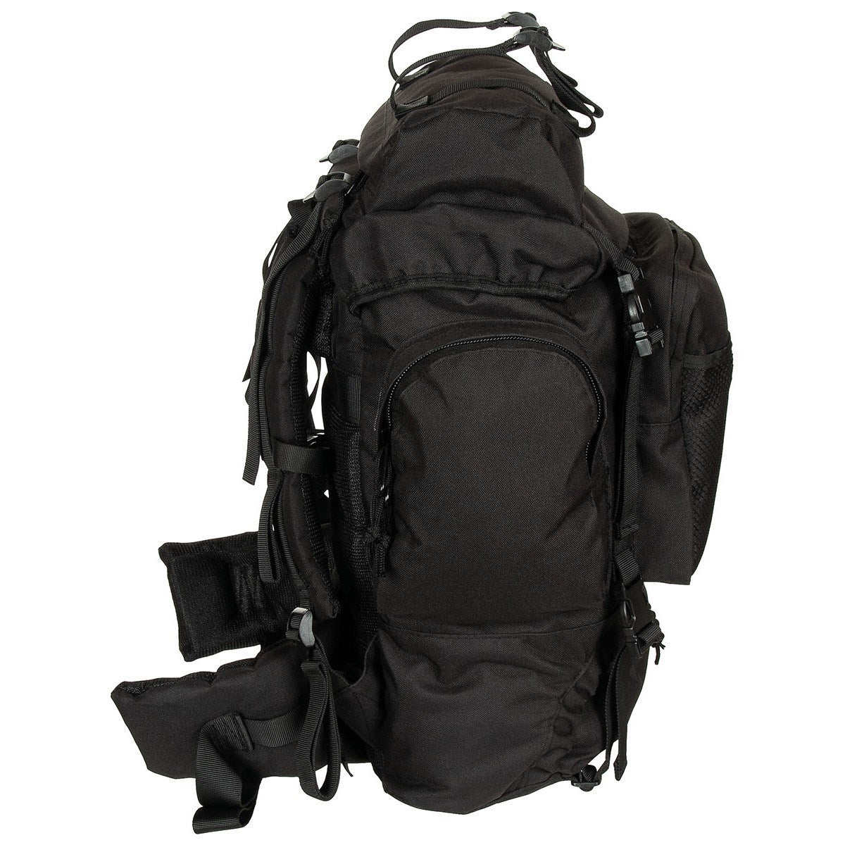 Mochila TACTICAL 55 L negra con acolchado en hombreras y bolsillos frontales y laterales