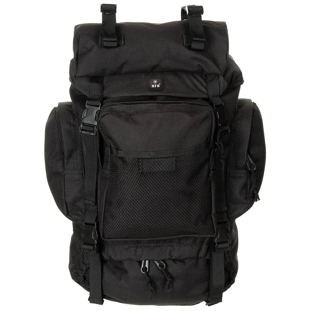 Mochila TACTICAL 55 L negra con acolchado en hombreras y bolsillos frontales y laterales