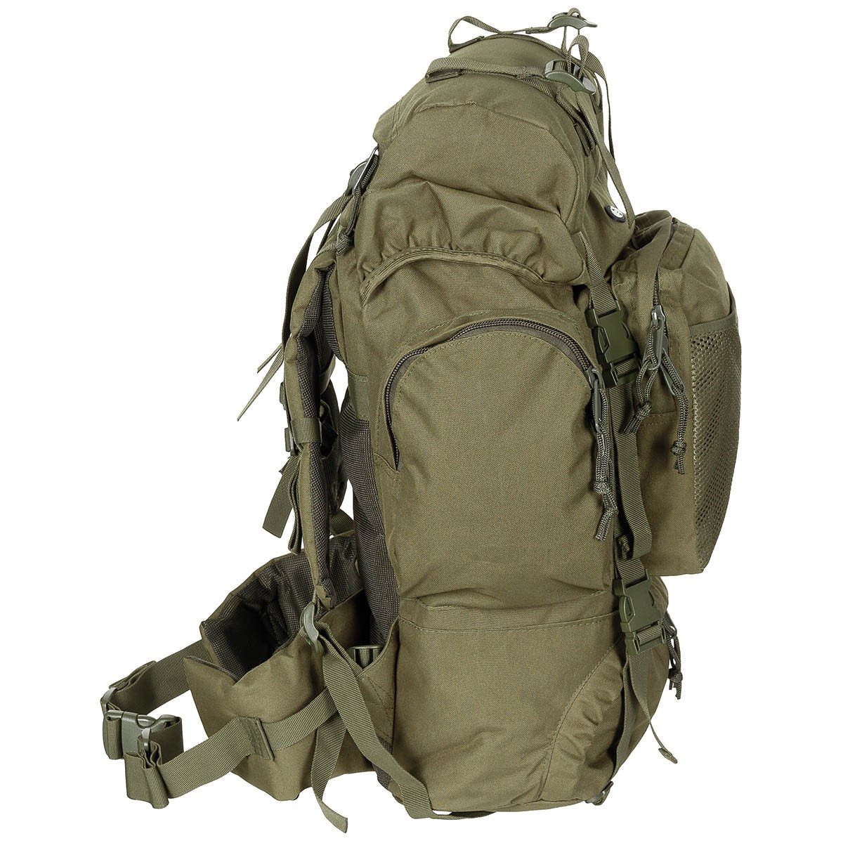 Mochila TACTICAL 55 L negra con acolchado en hombreras y bolsillos frontales y laterales