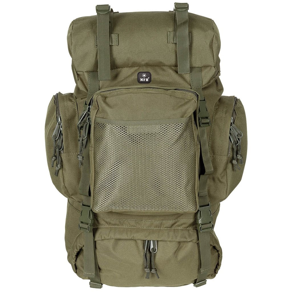 Mochila TACTICAL 55 L negra con acolchado en hombreras y bolsillos frontales y laterales