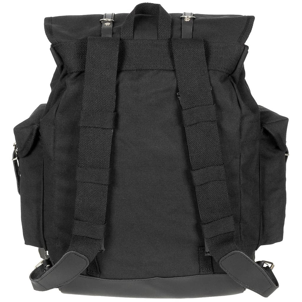 Mochila BW 30L de lona negra con correas acolchadas y tiras de cuero