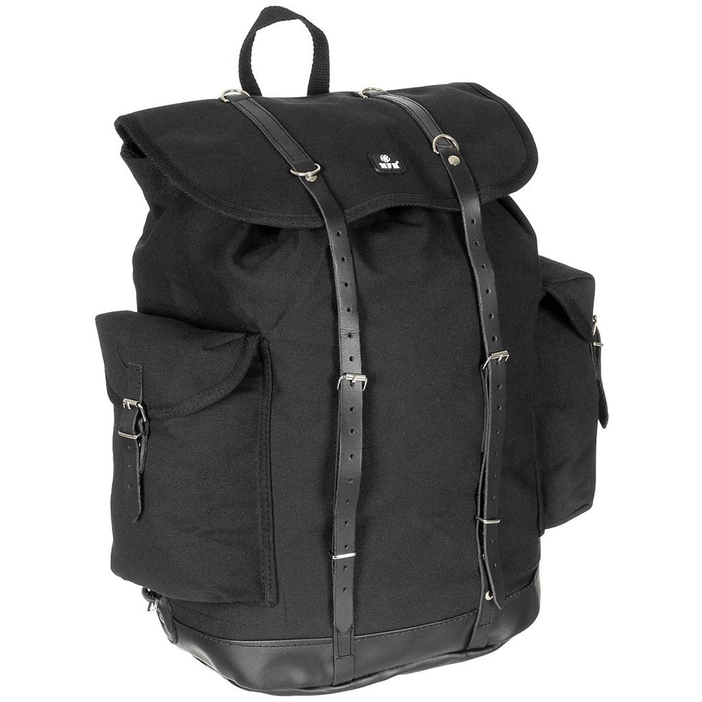 Mochila BW 30L de lona negra con correas acolchadas y tiras de cuero