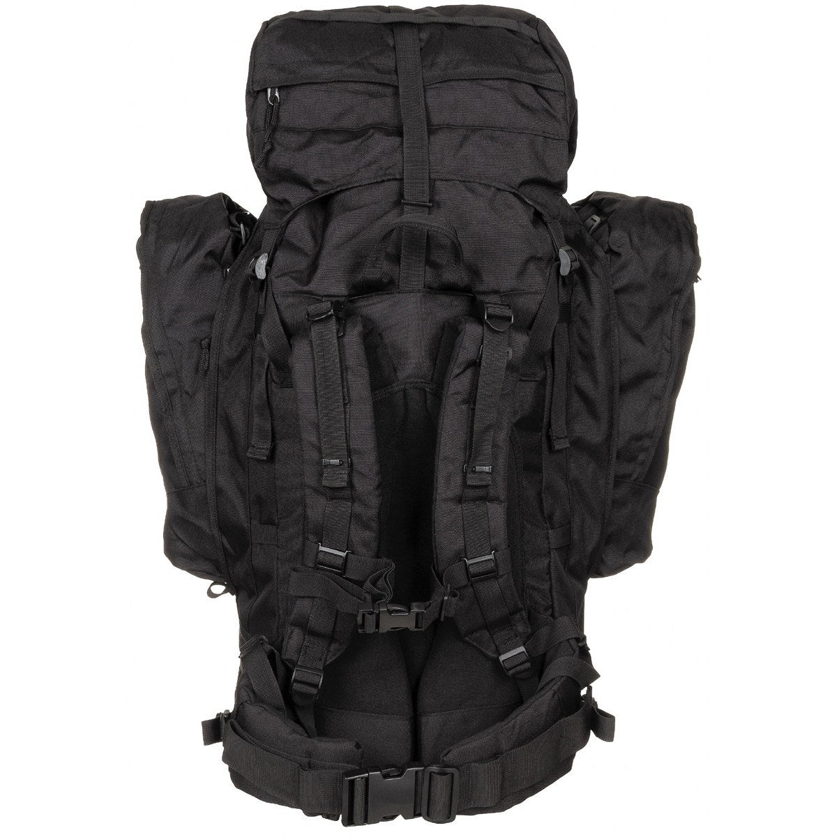 Mochila ALPIN 110 L negra con dos bolsillos laterales desmontables, tirantes acolchados y bastidor de aluminio