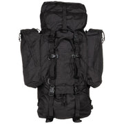 Mochila ALPIN 110 L negra con dos bolsillos laterales desmontables, tirantes acolchados y bastidor de aluminio