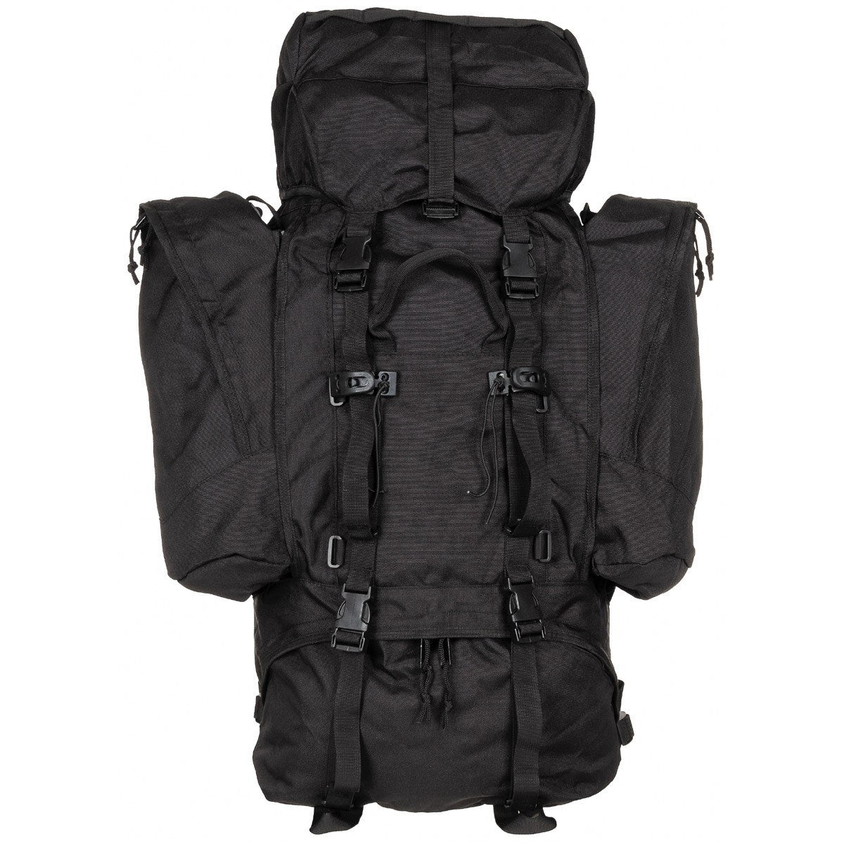 Mochila ALPIN 110 L negra con dos bolsillos laterales desmontables, tirantes acolchados y bastidor de aluminio