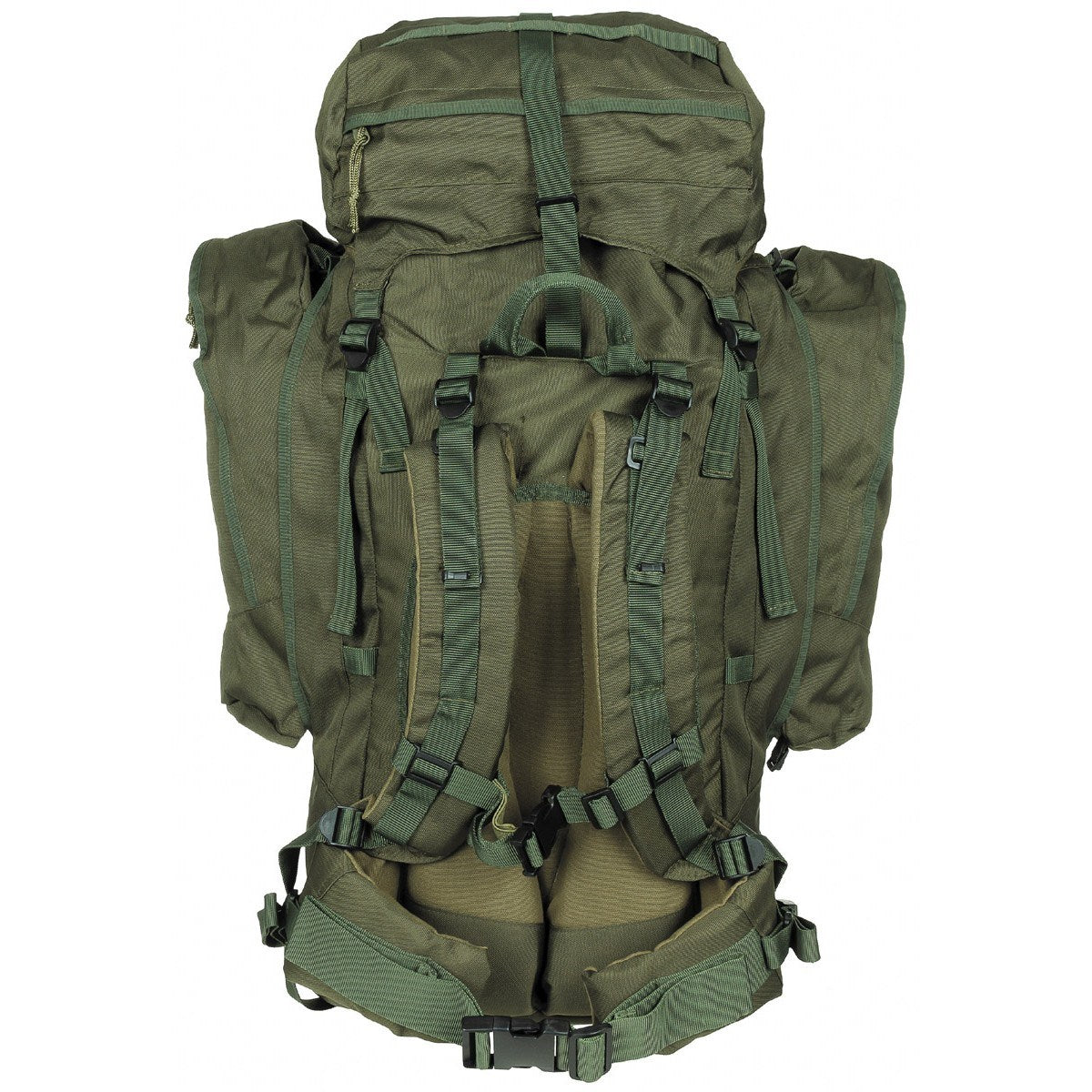 Mochila ALPIN 110L verde con bolsillos laterales desmontables y cinturón lumbar
