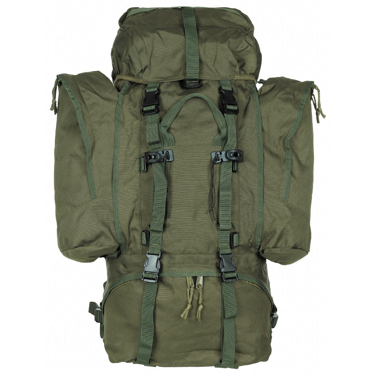Mochila ALPIN 110L verde con bolsillos laterales desmontables y cinturón lumbar
